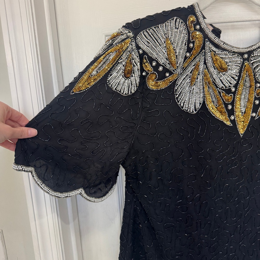 Vintage Lawrence Kazar Silk Women's XL Beaded Short Sleeve Shirt Shoulder Pads - Picture 2 of 8